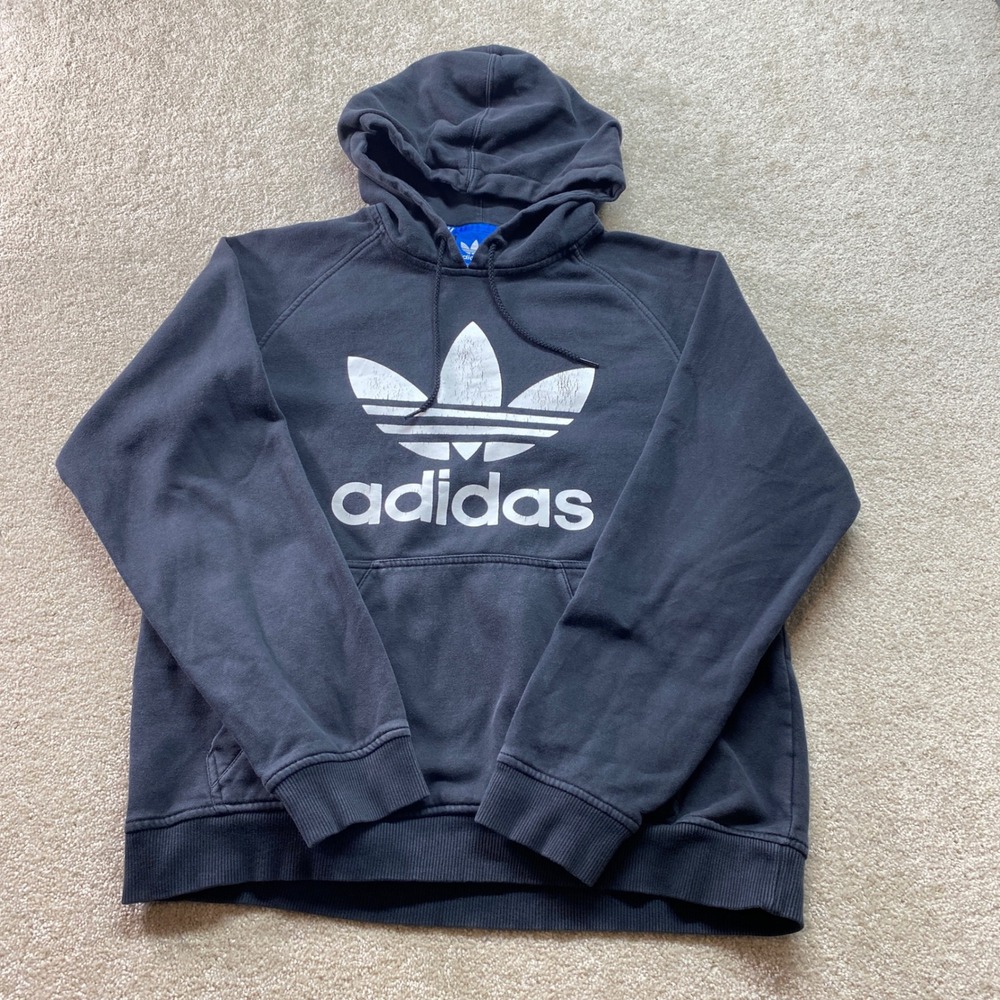 Adidas Sweater Mens Large Black Originals Trefoil Logo Hoodie Long Sleeve